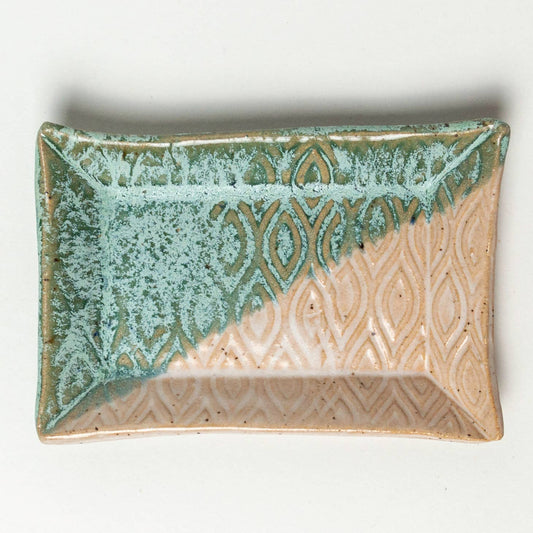 Patterned Handmade Ceramic Green & Wht. Trinket Dish