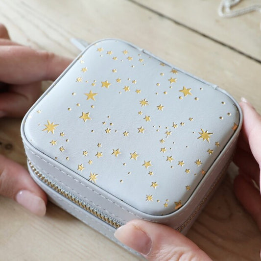 Grey With Gold Stars Small Square Travel Jewelery Case
