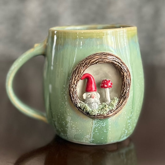 Green Mug with Gnome and Mushroom